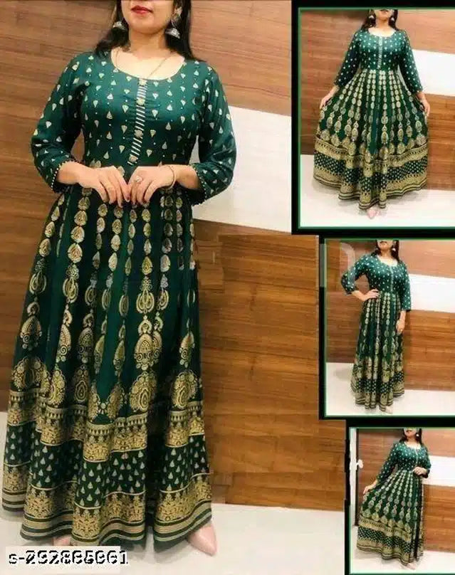 Anarkali Rayon Printed Kurti for Women (Bottle Green & Gold)