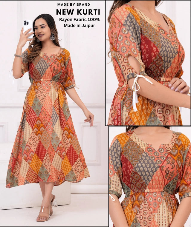Rayon Printed Anarkali Kurti for Women (Multicolor)