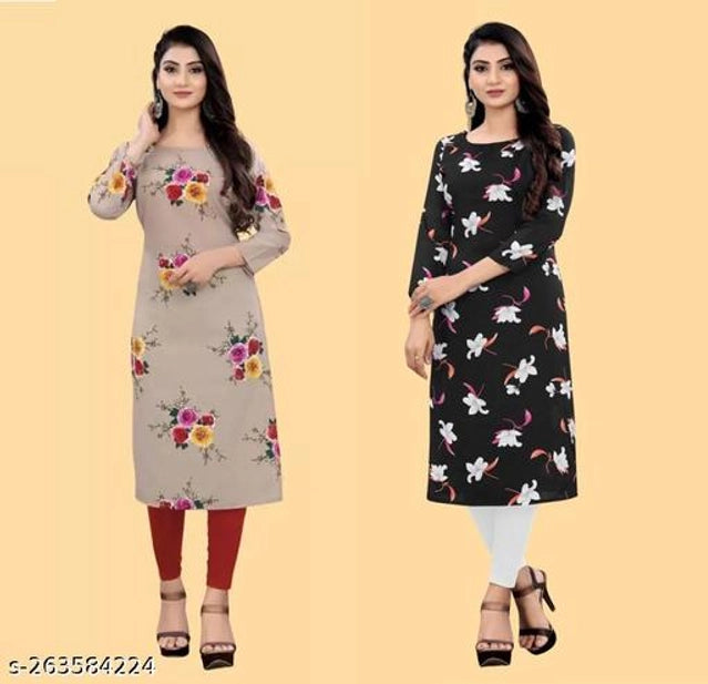 Crepe Printed Kurti for Women (Brown & Black) (Pack of 2)